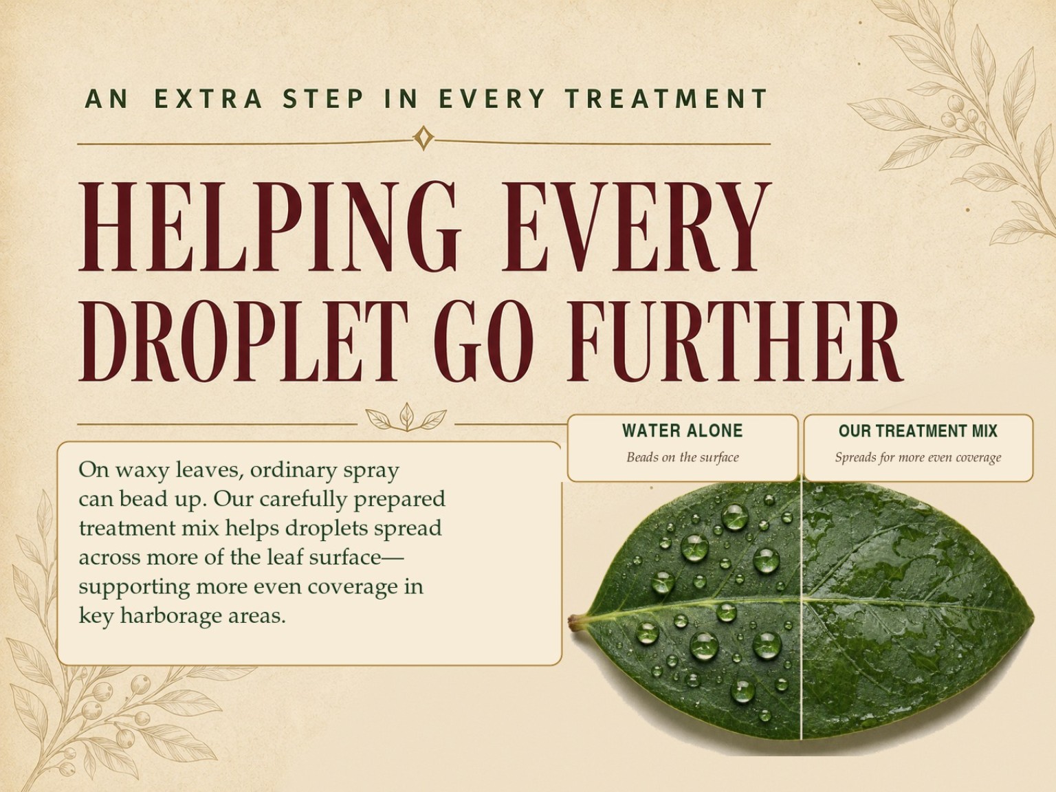 Comparison showing water beading on a leaf versus the treatment mix spreading for more even coverage.